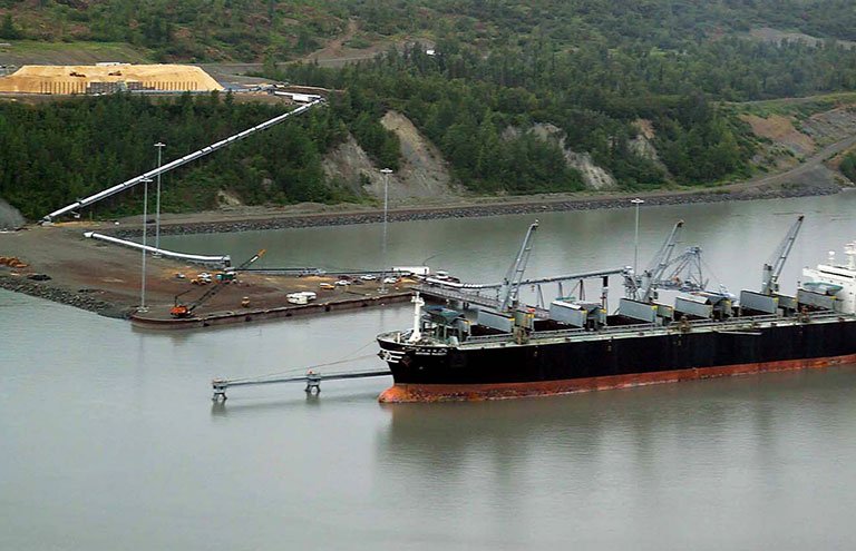 Large commercial ship docked at industrial port